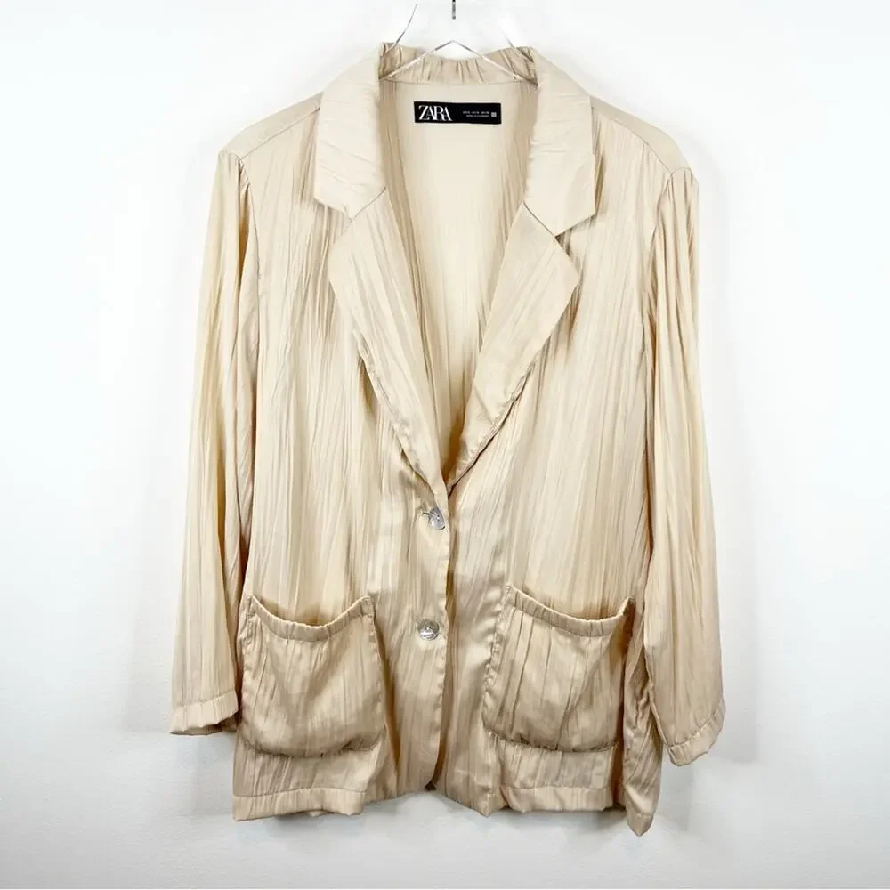 ZARA Satin Crinkle Lightweight Blazer S Cream